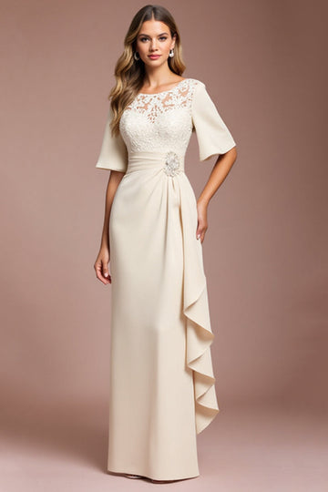 Apricot Lace Ruched Sheath Half Sleeve Mother of the Bride Dress with Sash
